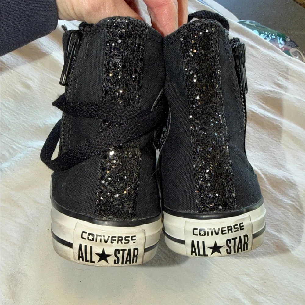 Converse Chuck Taylor All Star Black High Top Glitter Toe Zipper Kids Sneakers